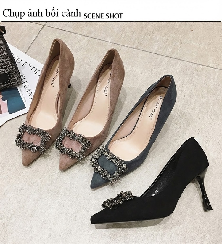 Giày Cao Gót Nữ Gót Nhọn Mũi Nhọn Đính Đá Chiều Cao Đế 6cm Màu Đen, Xám chi tiết 21