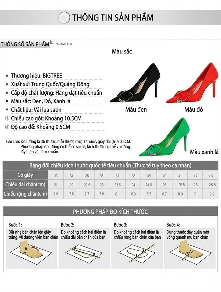 Giày Cao Gót Nữ Gót Nhọn Mũi Nhọn Đính Nơ Ruy Băng Chiều Cao Đế Khoảng 7cm Màu Đen, Đỏ, Xanh Lá chi tiết 1