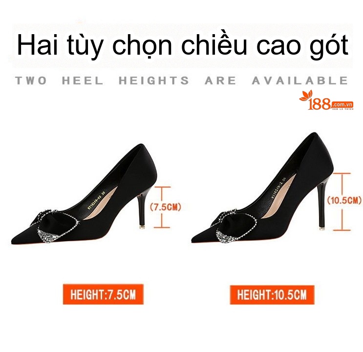 Giày Cao Gót Nữ Gót Nhọn Mũi Nhọn Đính Nơ Ruy Băng Chiều Cao Đế Khoảng 7cm Màu Đen, Đỏ, Xanh Lá chi tiết 2