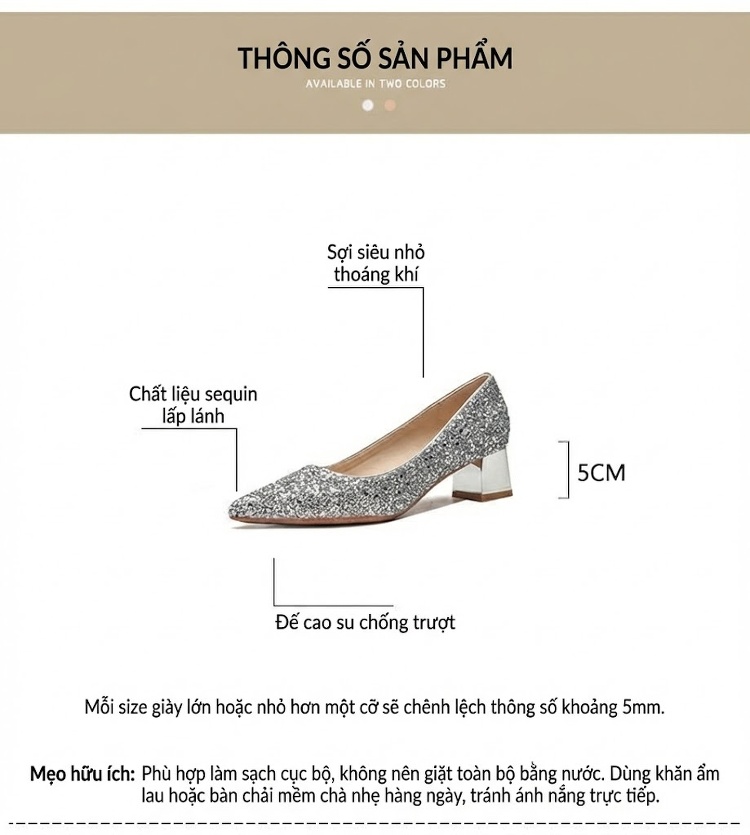 Giày Cao Gót Nữ Gót Vuông Chiều Cao Đế Khoảng 5cm Bít Mũi Da Bóng Màu Bạc chi tiết 4