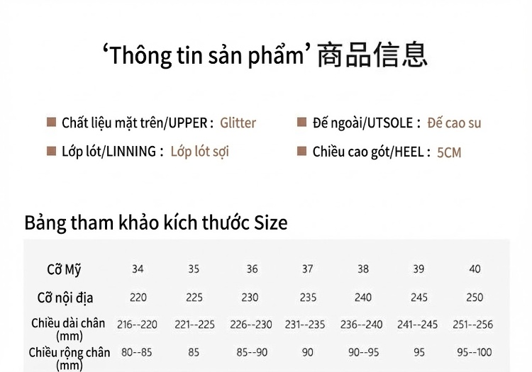 Giày Cao Gót Nữ Gót Vuông Chiều Cao Đế Khoảng 5cm Bít Mũi Da Bóng Màu Bạc chi tiết 5