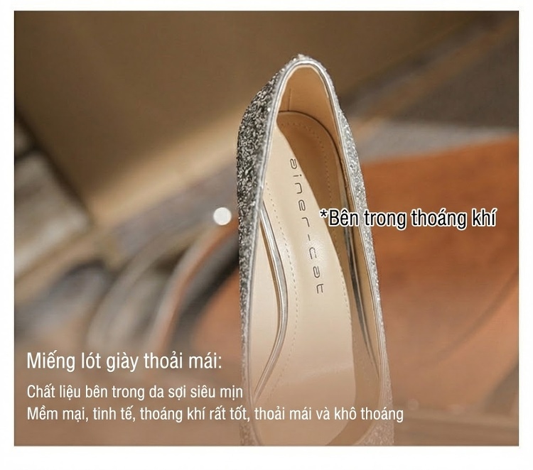 Giày Cao Gót Nữ Gót Vuông Chiều Cao Đế Khoảng 5cm Bít Mũi Da Bóng Màu Bạc chi tiết 9