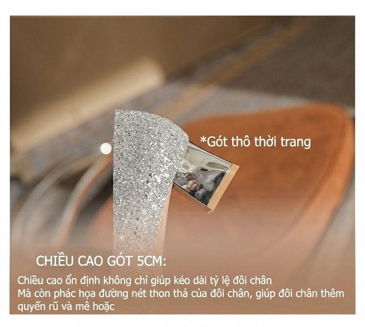 Giày Cao Gót Nữ Gót Vuông Chiều Cao Đế Khoảng 5cm Bít Mũi Da Bóng Màu Bạc chi tiết 10