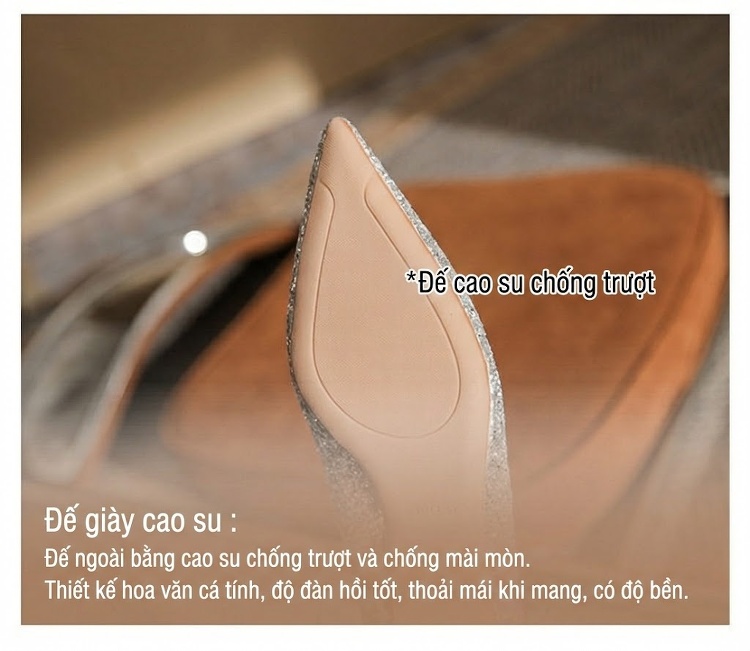 Giày Cao Gót Nữ Gót Vuông Chiều Cao Đế Khoảng 5cm Bít Mũi Da Bóng Màu Bạc chi tiết 11