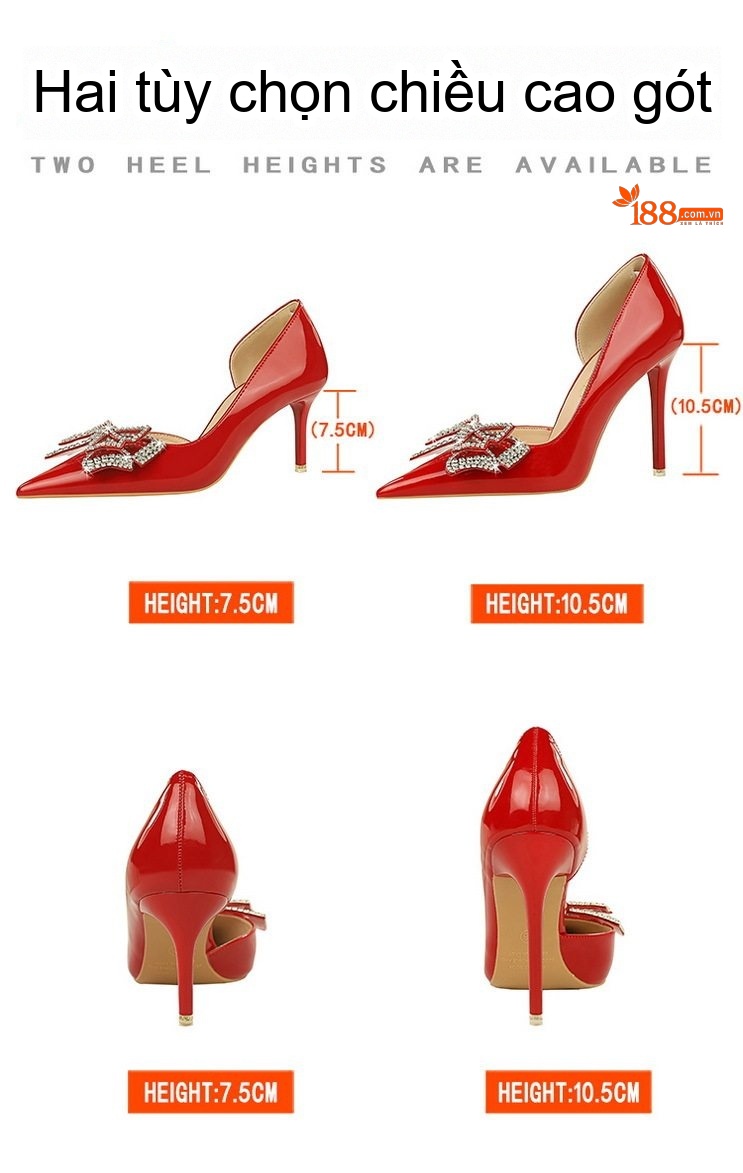 Giày Cao Gót Nữ Hở Bên Hông Da Bóng Mũi Nhọn Chiều Cao Đế Khoảng 8cm Đính Nơ Màu Đen, Đỏ chi tiết 2