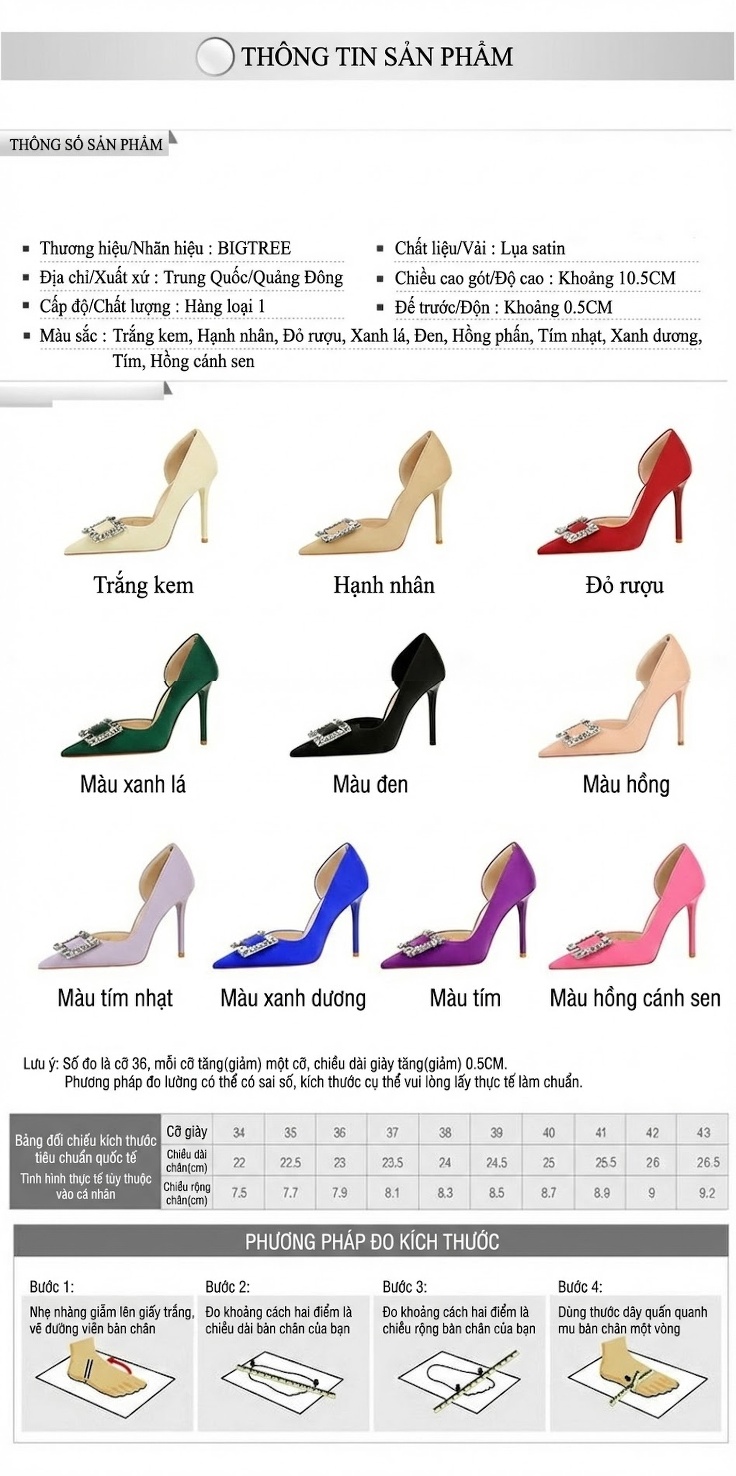 Giày Cao Gót Nữ Hở Bên Hông Gót Nhọn Đính Đá Chiều Cao Đế Khoảng 8cm Chất Liệu Lụa Satin Màu Đỏ, Đen, Xanh Dương, Kem... chi tiết 1