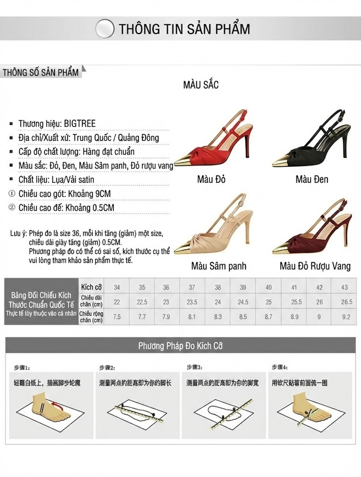 Giày Cao Gót Nữ Hở Gót Mũi Nhọn Lụa Satin Nơ Bướm Chiều Cao Đế Khoảng 8cm Màu Kem, Đen, Đỏ Rượu, Đỏ chi tiết 1