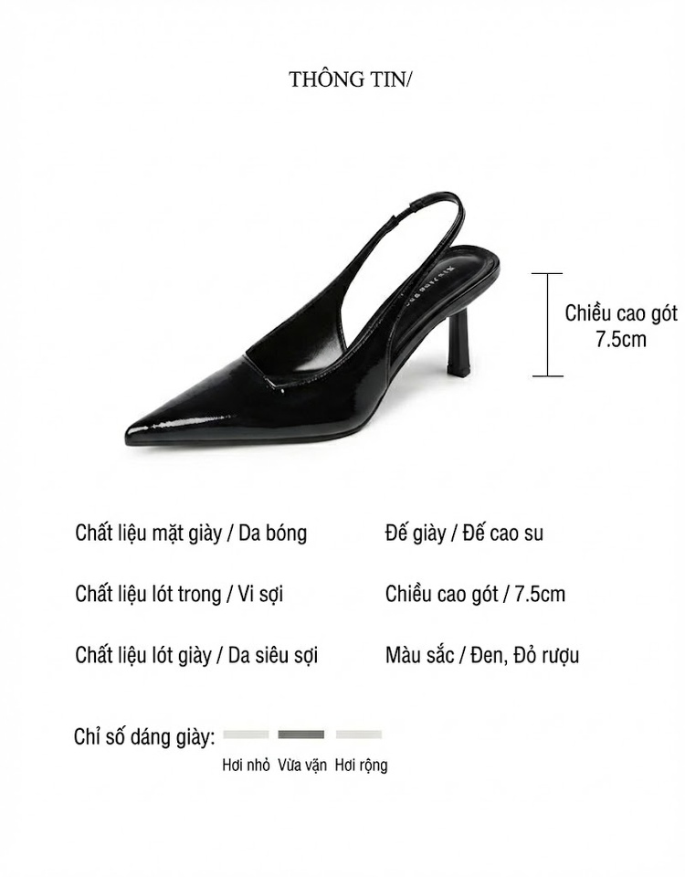 Giày Cao Gót Nữ Hở Gót Mũi Nhọn Quai Hậu Chiều Cao Đế Khoảng 6cm Da Bóng Màu Đen, Đỏ, Kem chi tiết 2
