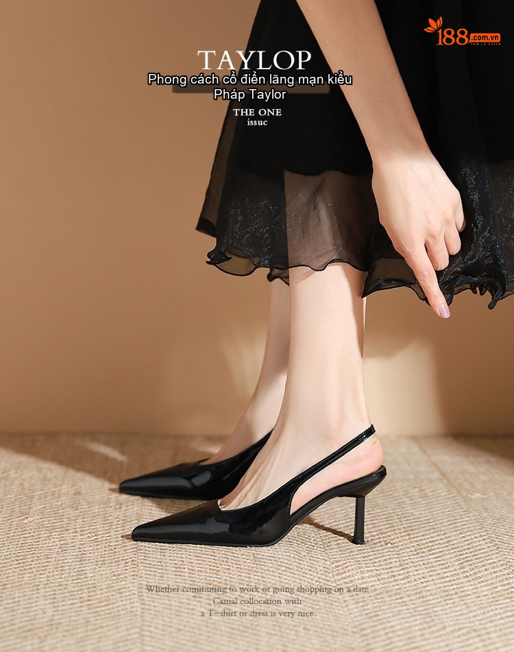 Giày Cao Gót Nữ Hở Gót Mũi Nhọn Quai Hậu Chiều Cao Đế Khoảng 6cm Da Bóng Màu Đen, Đỏ, Kem chi tiết 3