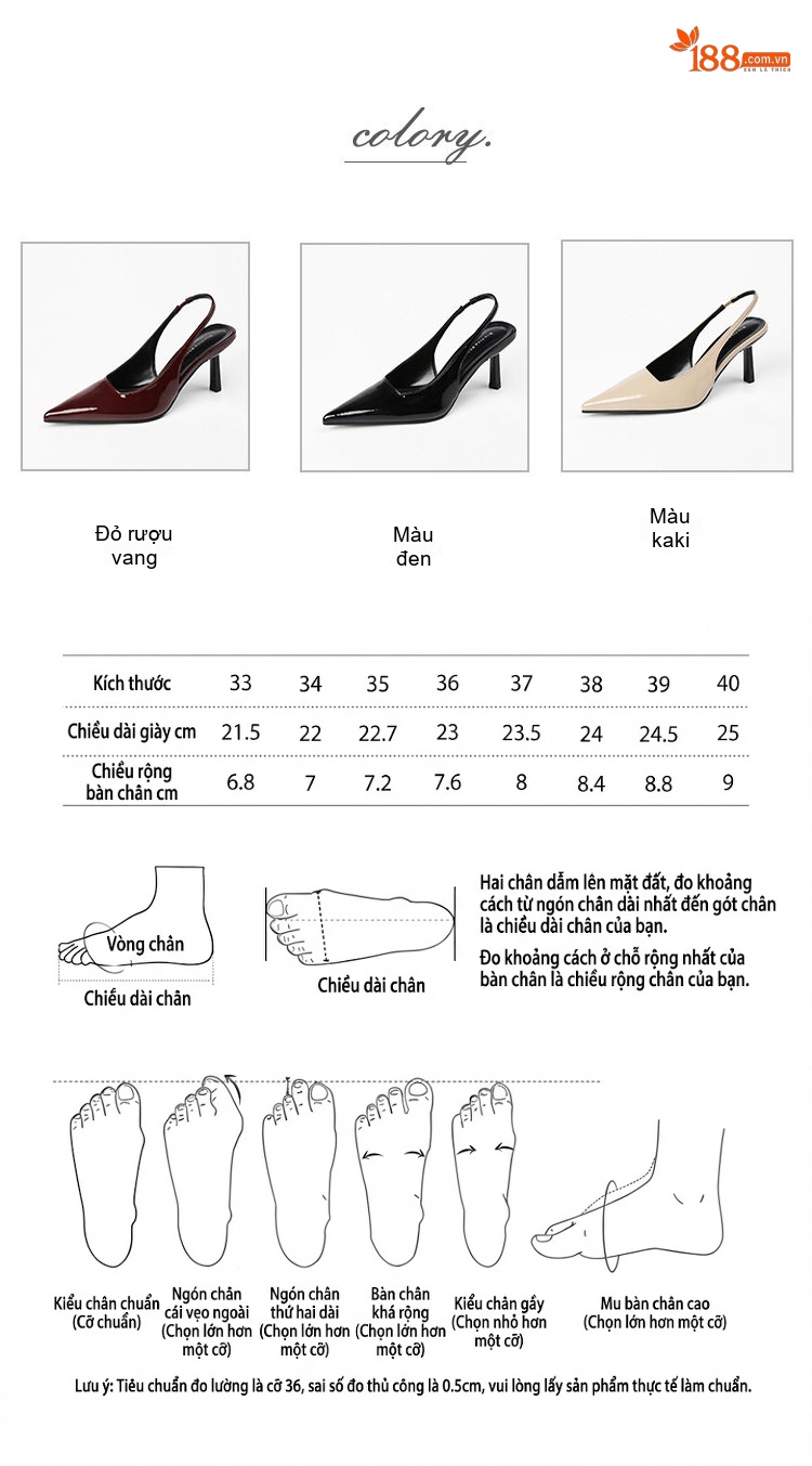 Giày Cao Gót Nữ Hở Gót Mũi Nhọn Quai Hậu Chiều Cao Đế Khoảng 6cm Da Bóng Màu Đen, Đỏ, Kem chi tiết 4