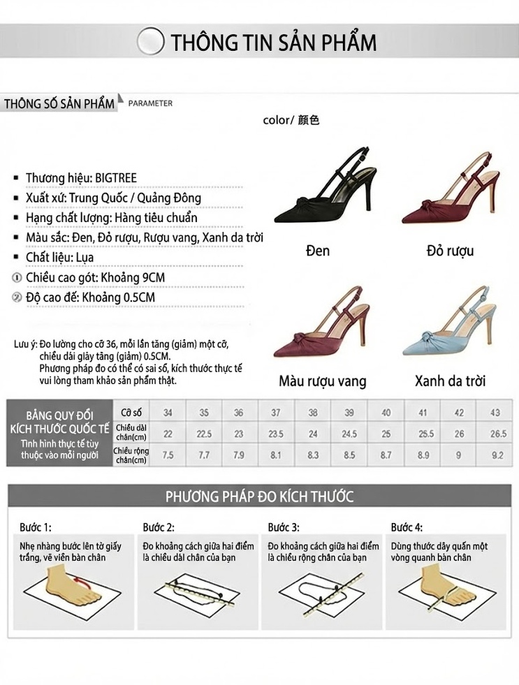 Giày Cao Gót Nữ Hở Gót Mũi Nhọn Thắt Nơ Lụa Chiều Cao Đế Khoảng 7cm Màu Kem, Đen, Đỏ Rượu, Xanh... chi tiết 1