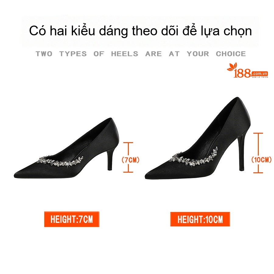 Giày Cao Gót Nữ Hở Lưng Bề Mặt Lụa Satin Đính Đá Chiều Cao Đế Khoảng 8cm Màu Vàng, Đen, Xanh Lá chi tiết 2