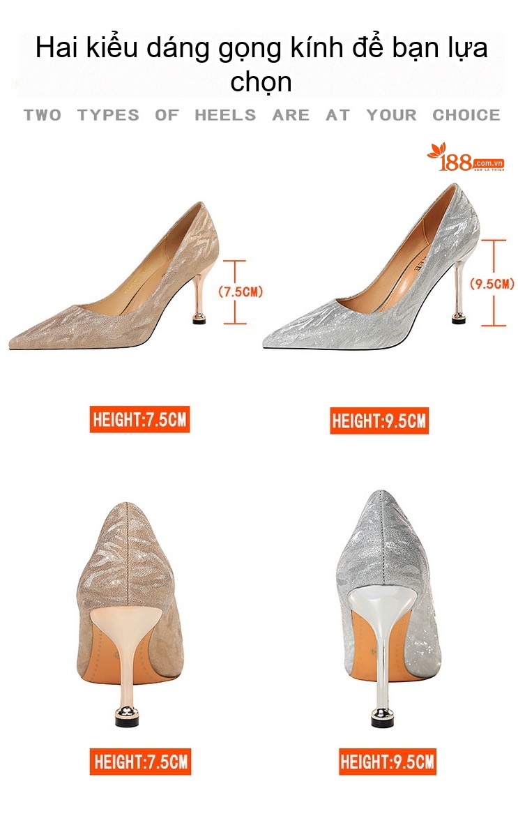 Giày Cao Gót Nữ Hở Lưng Kim Tuyến Mũi Nhọn Chiều Cao Đế Khoảng 7cm Màu Vàng, Bạc chi tiết 2