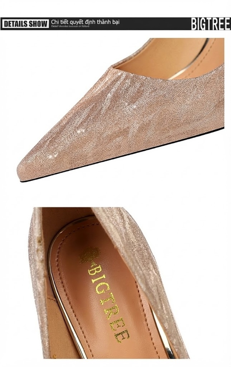 Giày Cao Gót Nữ Hở Lưng Kim Tuyến Mũi Nhọn Chiều Cao Đế Khoảng 7cm Màu Vàng, Bạc chi tiết 13