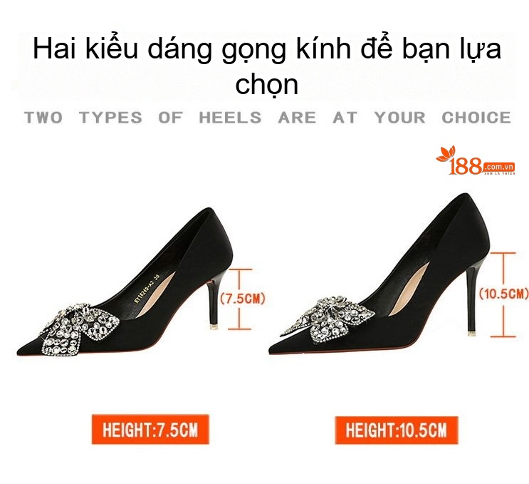 Giày Cao Gót Nữ Hở Lưng Lụa Satin Mũi Nhọn Đính Đá Chiều Cao Đế 7.5cm Màu Đen chi tiết 2