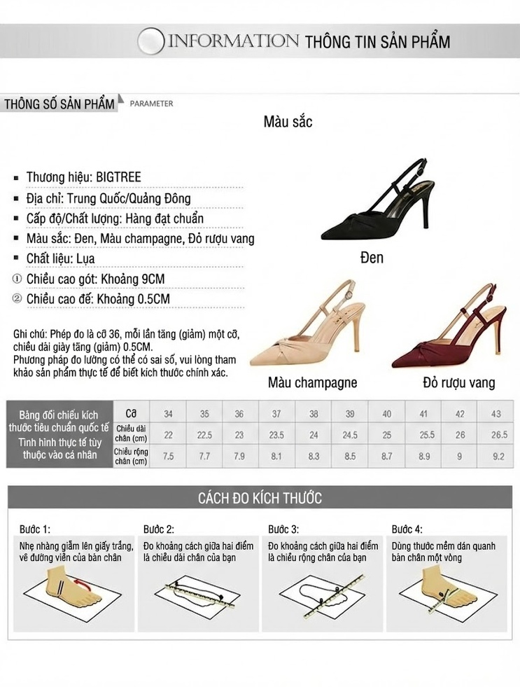 Giày Cao Gót Nữ Hở Lưng Mũi Nhọn Chiều Cao Đế Khoảng 8cm Màu Kem, Đỏ Rượu, Đen chi tiết 1
