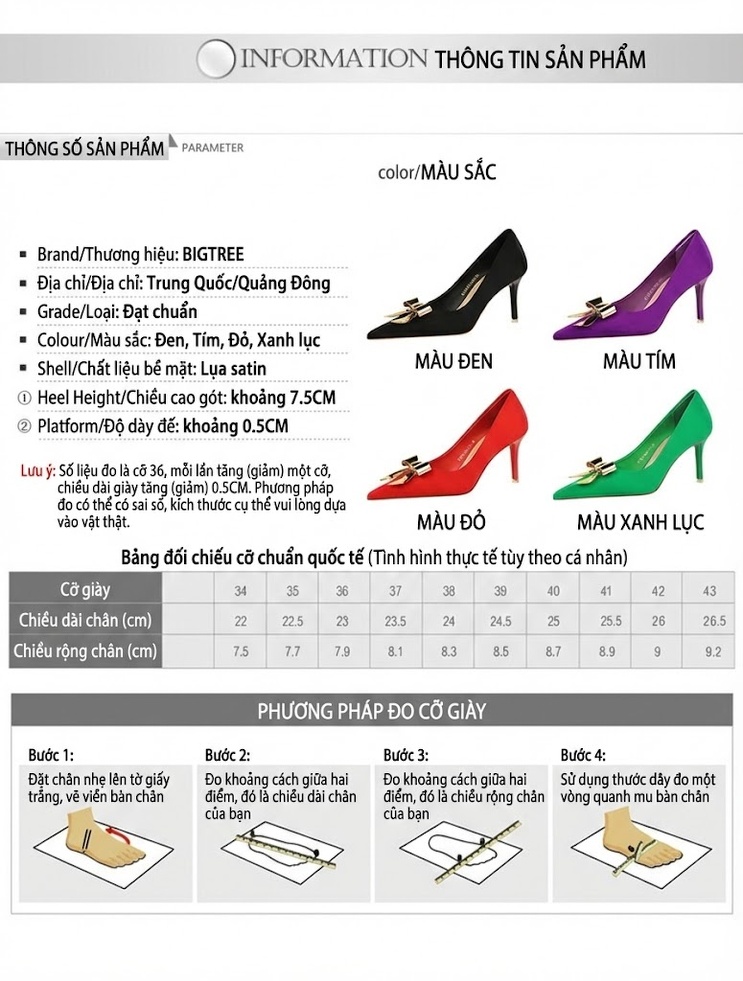 Giày Cao Gót Nữ Hở Lưng Satin Mũi Nhọn Chiều Cao Đế Khoảng 7cm Trang Trí Nơ Kim Loại Màu Đỏ, Đen, Tím, Xanh Lá chi tiết 1