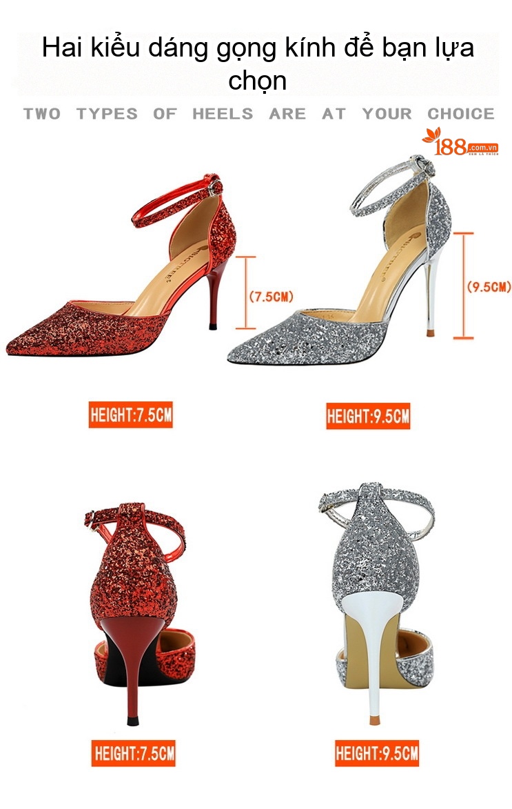 Giày Cao Gót Nữ Hở Lườn Mũi Nhọn Gót Nhọn Quai Ngang Kim Tuyến Chiều Cao Đế Khoảng 8cm Màu Đen, Bạc, Vàng, Đỏ... chi tiết 2