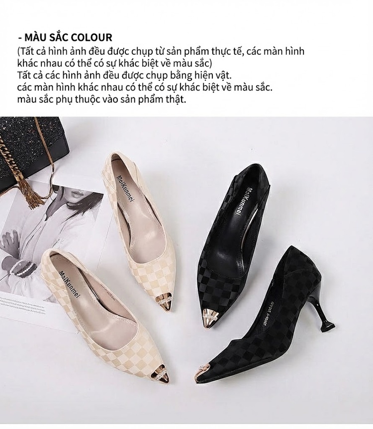 Giày Cao Gót Nữ Họa Tiết Caro Mũi Nhọn Đính Đá Chiều Cao Đế Khoảng 6cm Màu Đen, Kem chi tiết 13