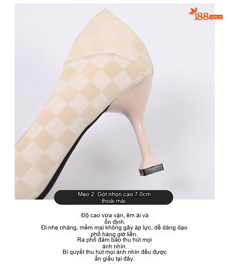 Giày Cao Gót Nữ Họa Tiết Caro Mũi Nhọn Đính Đá Chiều Cao Đế Khoảng 6cm Màu Đen, Kem chi tiết 9