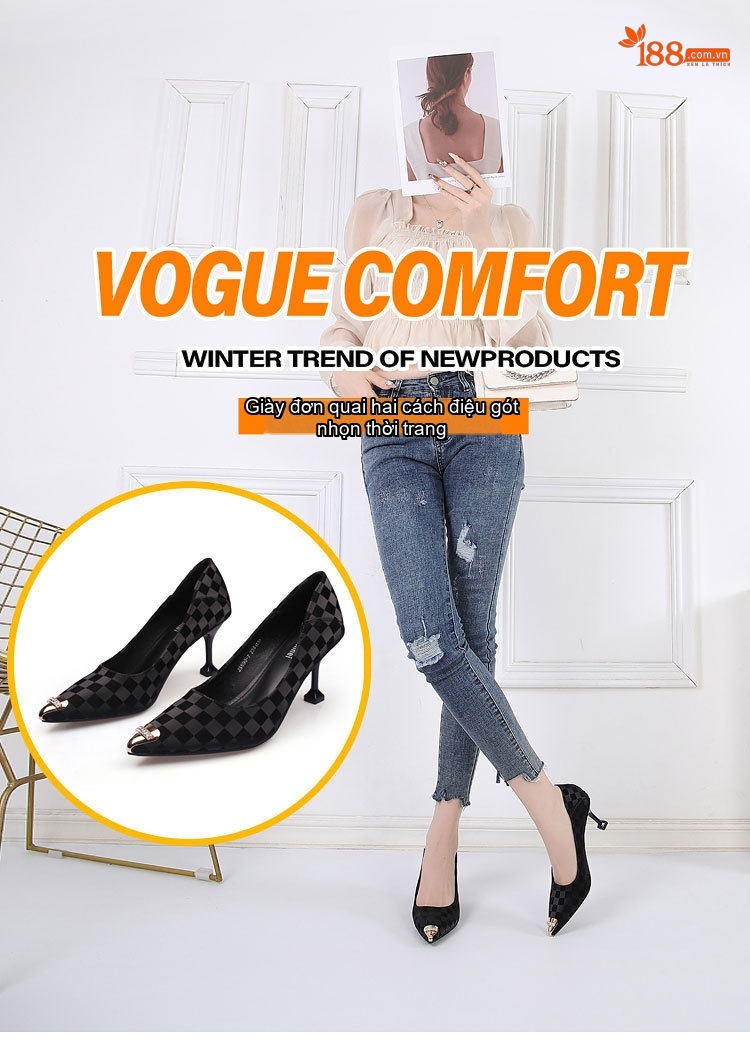 Giày Cao Gót Nữ Họa Tiết Caro Mũi Nhọn Đính Đá Chiều Cao Đế Khoảng 6cm Màu Đen, Kem chi tiết 1