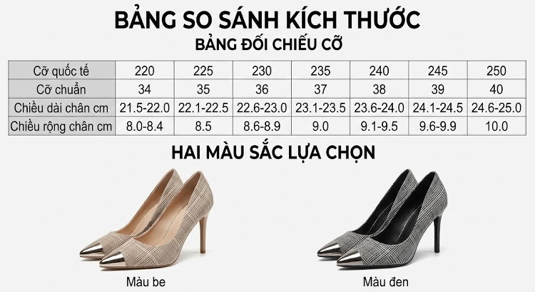 Giày Cao Gót Nữ Họa Tiết Caro Mũi Nhọn Đính Đá Chiều Cao Đế Khoảng 6cm Màu Đen, Kem chi tiết 7