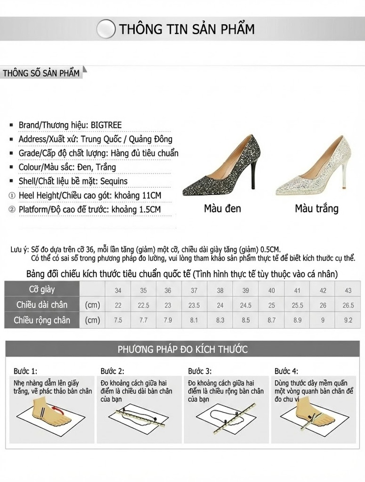 Giày Cao Gót Nữ Kim Tuyến Gót Nhọn Chiều Cao Đế Khoảng 12cm Màu Đen, Trắng chi tiết 1