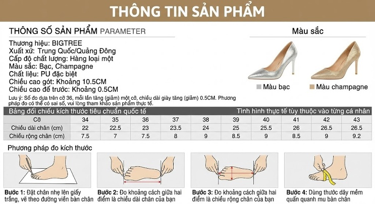 Giày Cao Gót Nữ Kim Tuyến Gót Nhọn Hở Lưng Chiều Cao Đế Khoảng 8cm Màu Bạc, Vàng chi tiết 1