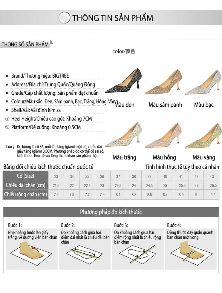 Giày Cao Gót Nữ Kim Tuyến Mũi Nhọn Chiều Cao Đế Khoảng 6cm Màu Bạc, Vàng, Hồng, Đen... chi tiết 1