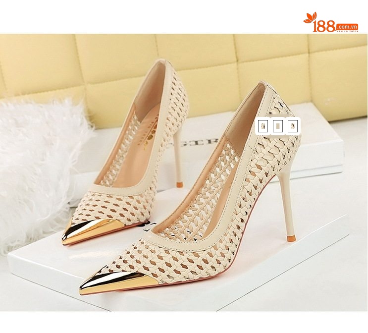 Giày Cao Gót Nữ Lưới Đan Gót Nhọn Chiều Cao Đế Khoảng 8cm Màu Trắng, Bạc, Đen chi tiết 13