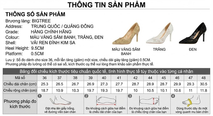 Giày Cao Gót Nữ Lưới Ren Kim Sa Hở Mũi Đính Nơ Chiều Cao Đế Khoảng 7cm Màu Trắng, Đen, Kem... chi tiết 1