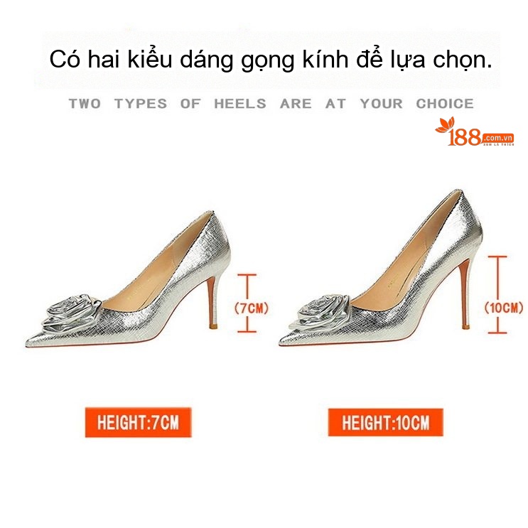 Giày Cao Gót Nữ Mũi Nhọn Bề Mặt Bóng Đính Hoa Chiều Cao Đế Khoảng 8cm Màu Đen, Vàng, Bạc chi tiết 1