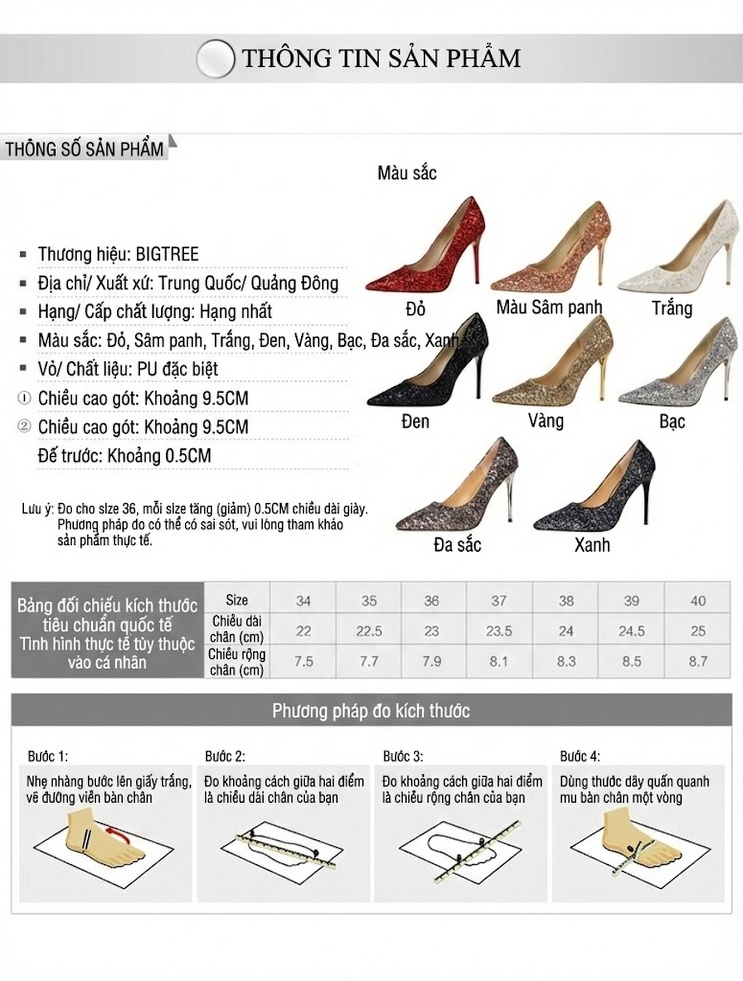 Giày Cao Gót Nữ Mũi Nhọn Bề Mặt Lấp Lánh Chiều Cao Đế Khoảng 8cm Màu Vàng Đồng, Vàng, Bạc, Trắng... chi tiết 1