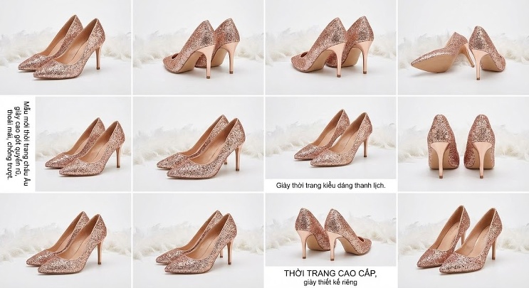 Giày Cao Gót Nữ Mũi Nhọn Bề Mặt Lấp Lánh Chiều Cao Đế Khoảng 8cm Màu Vàng Đồng, Vàng, Bạc, Trắng... chi tiết 3