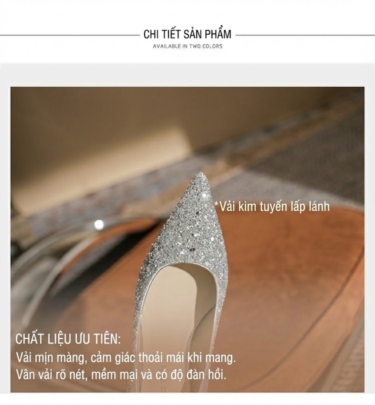 Giày Cao Gót Nữ Mũi Nhọn Bít Gót Kim Tuyến Chiều Cao Đế Khoảng 7cm Màu Bạc chi tiết 7