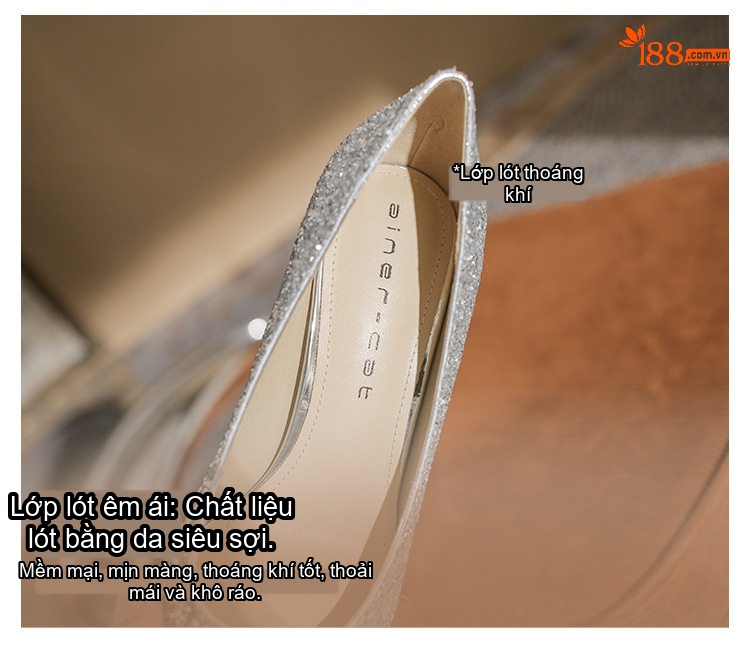 Giày Cao Gót Nữ Mũi Nhọn Bít Gót Kim Tuyến Chiều Cao Đế Khoảng 7cm Màu Bạc chi tiết 8