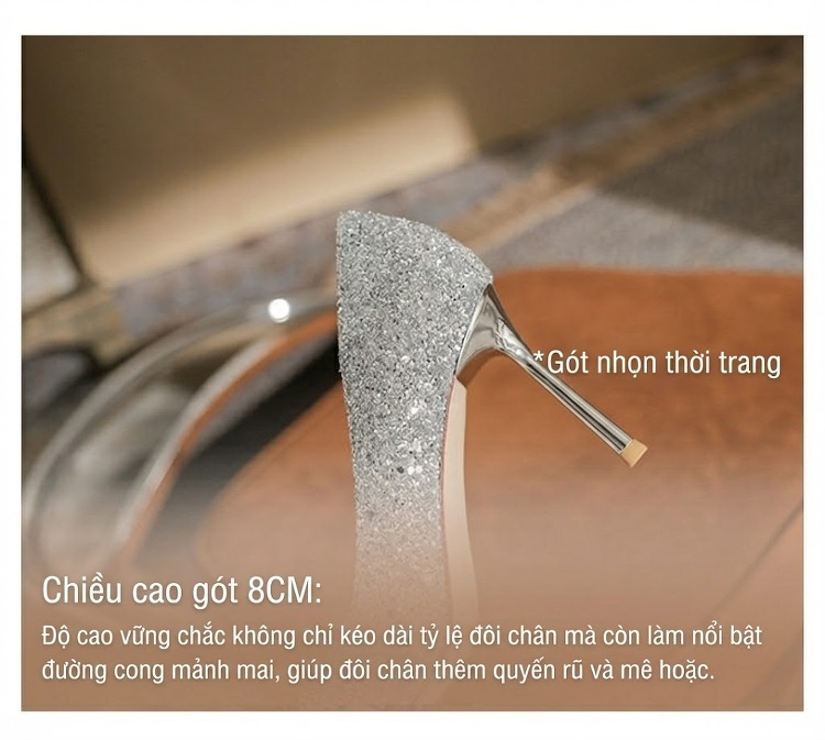 Giày Cao Gót Nữ Mũi Nhọn Bít Gót Kim Tuyến Chiều Cao Đế Khoảng 7cm Màu Bạc chi tiết 9