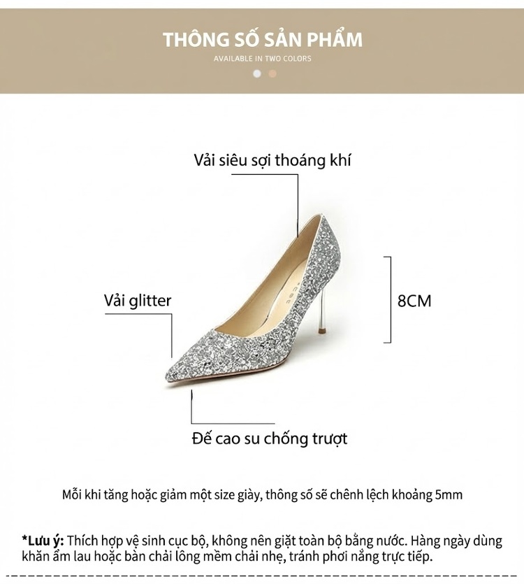 Giày Cao Gót Nữ Mũi Nhọn Bít Gót Kim Tuyến Chiều Cao Đế Khoảng 7cm Màu Bạc chi tiết 4