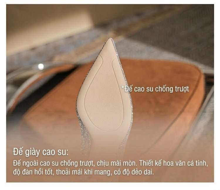 Giày Cao Gót Nữ Mũi Nhọn Bít Gót Kim Tuyến Chiều Cao Đế Khoảng 7cm Màu Bạc chi tiết 10