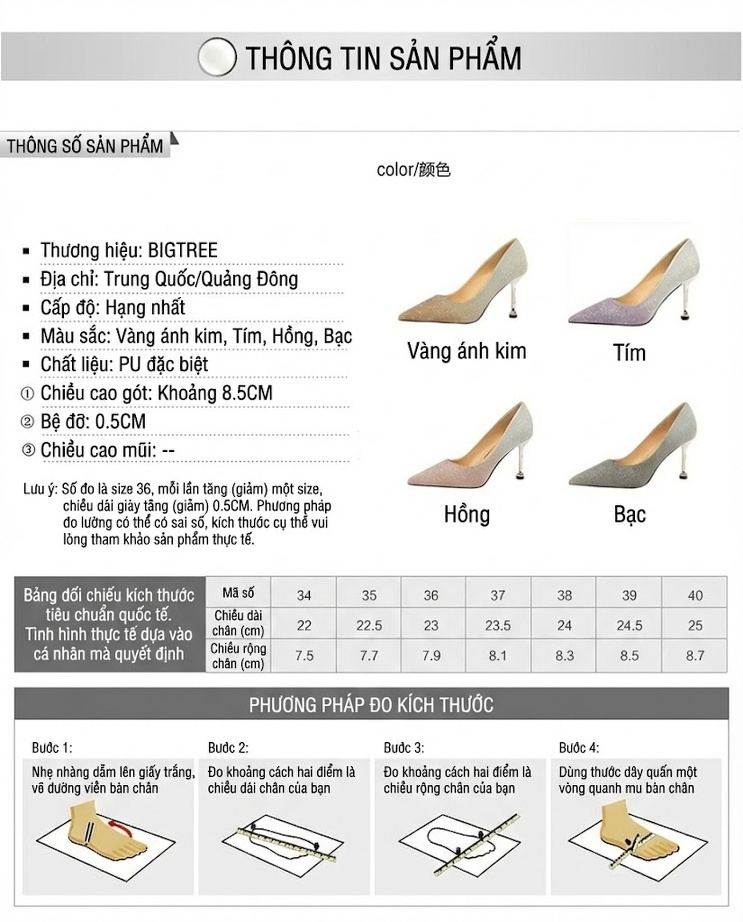 Giày Cao Gót Nữ Mũi Nhọn Bít Gót Kim Tuyến Lấp Lánh Chiều Cao Đế Khoảng 6cm Màu Bạc, Tím, Vàng Be, Hồng... chi tiết 1