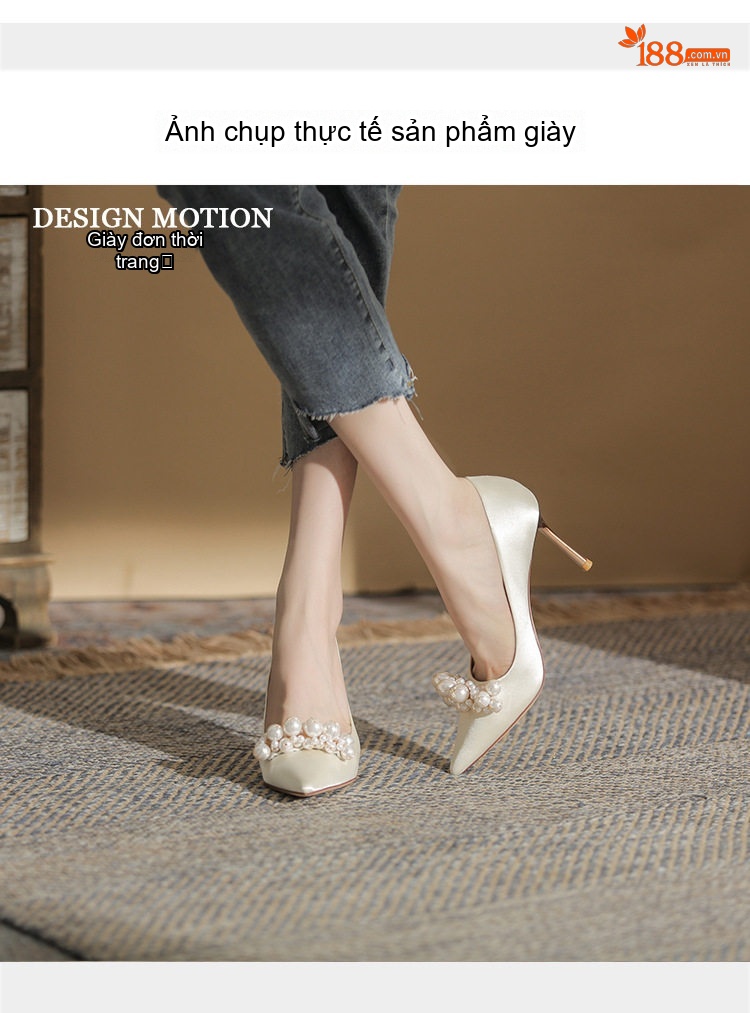 Giày Cao Gót Nữ Mũi Nhọn Chiều Cao Đế 6cm Đính Hạt Châu Màu Đỏ, Trắng chi tiết 11