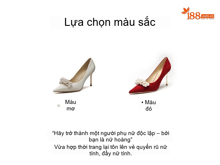 Giày Cao Gót Nữ Mũi Nhọn Chiều Cao Đế 6cm Đính Hạt Châu Màu Đỏ, Trắng chi tiết 3