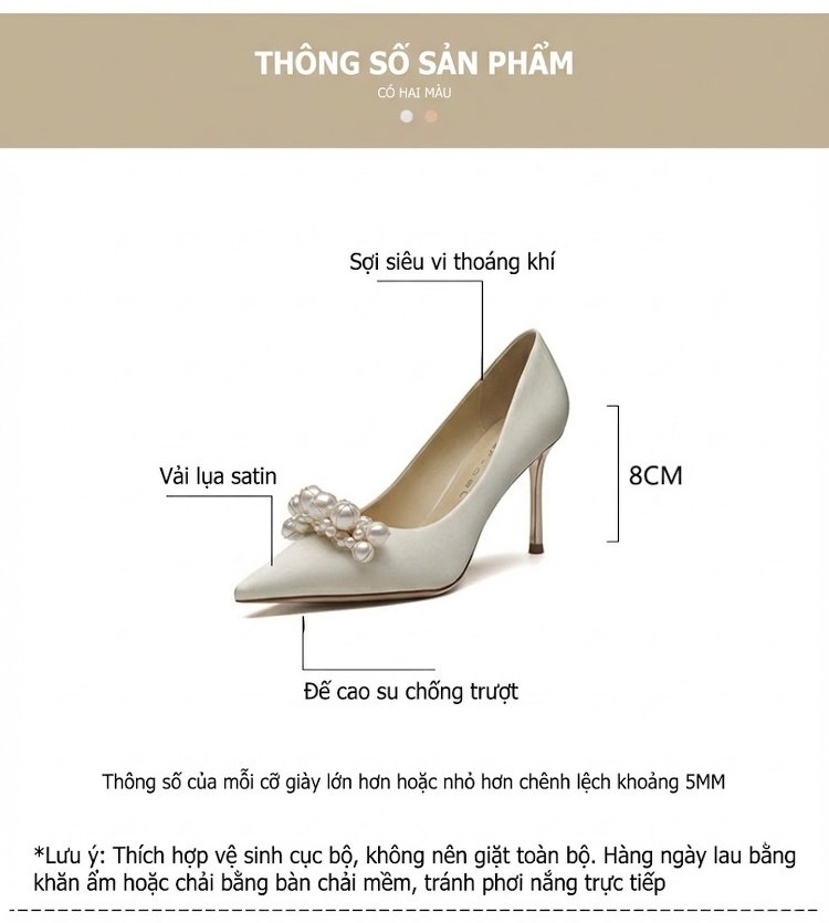 Giày Cao Gót Nữ Mũi Nhọn Chiều Cao Đế 6cm Đính Hạt Châu Màu Đỏ, Trắng chi tiết 4