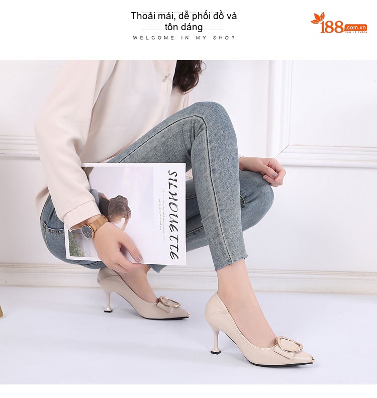 Giày Cao Gót Nữ Mũi Nhọn Chiều Cao Đế Khoảng 5cm Màu Đen, Kem chi tiết 17