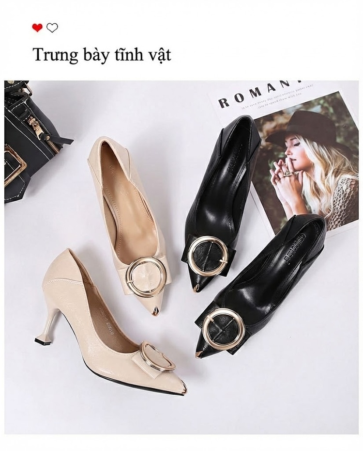 Giày Cao Gót Nữ Mũi Nhọn Chiều Cao Đế Khoảng 5cm Màu Đen, Kem chi tiết 22