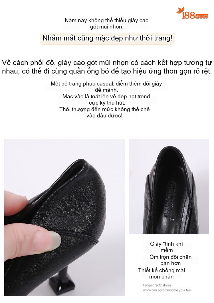 Giày Cao Gót Nữ Mũi Nhọn Chiều Cao Đế Khoảng 5cm Màu Đen, Kem chi tiết 2