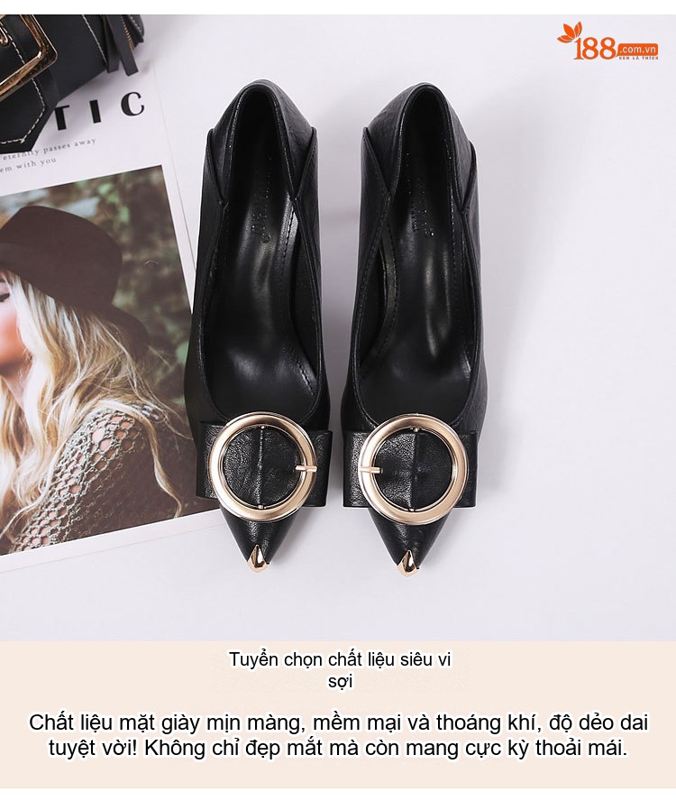 Giày Cao Gót Nữ Mũi Nhọn Chiều Cao Đế Khoảng 5cm Màu Đen, Kem chi tiết 5