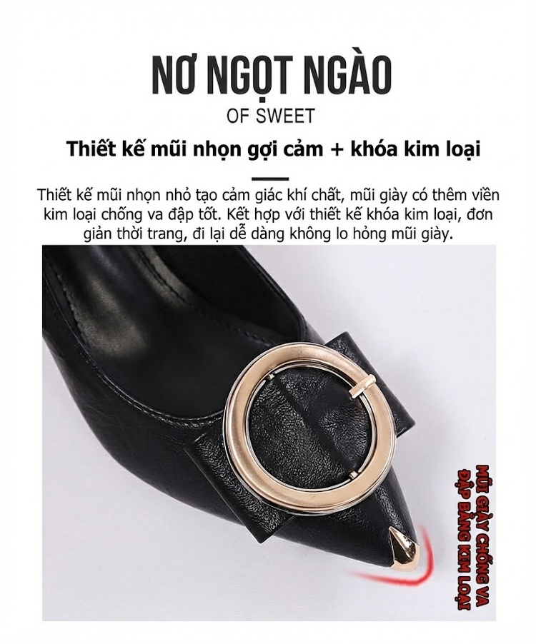 Giày Cao Gót Nữ Mũi Nhọn Chiều Cao Đế Khoảng 5cm Màu Đen, Kem chi tiết 6