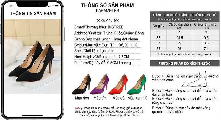 Giày Cao Gót Nữ Mũi Nhọn Chiều Cao Đế Khoảng 6cm Vải Lụa Màu Đỏ, Tím, Đen, Xanh Lá chi tiết 1