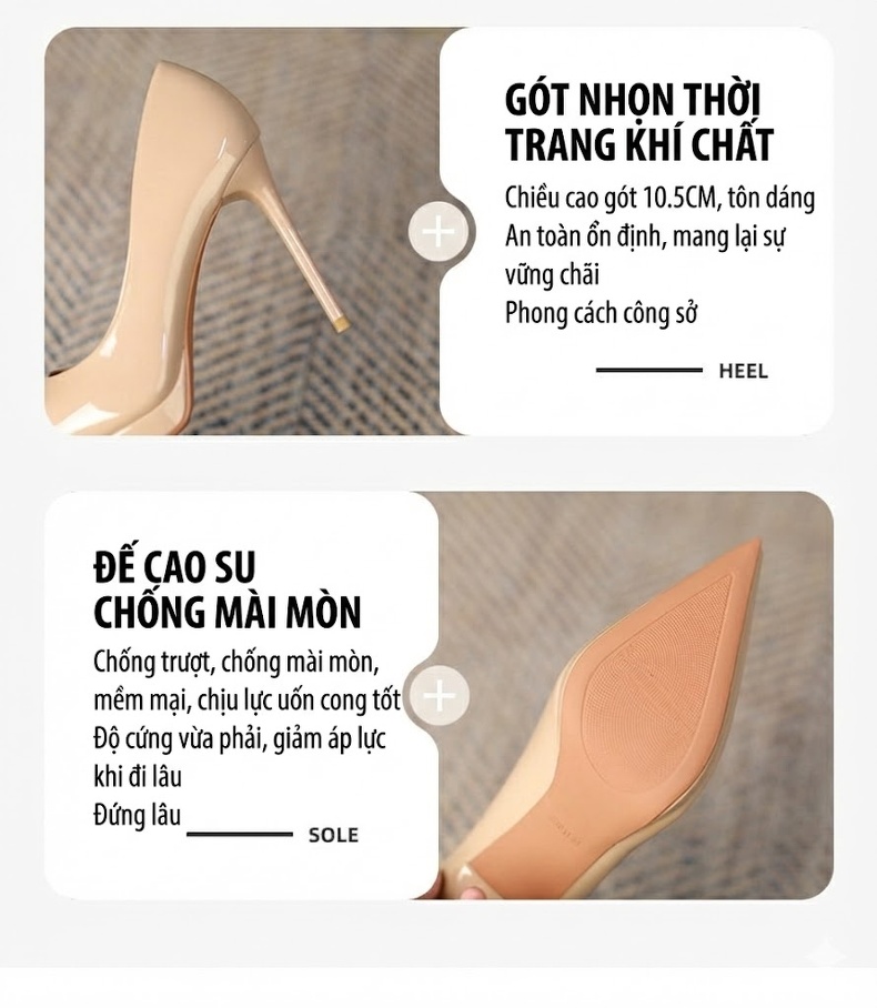 Giày Cao Gót Nữ Mũi Nhọn Da Bóng Chiều Cao Đế 10.5cm Màu Trắng, Đen, Xanh Lá, Bạc... chi tiết 5